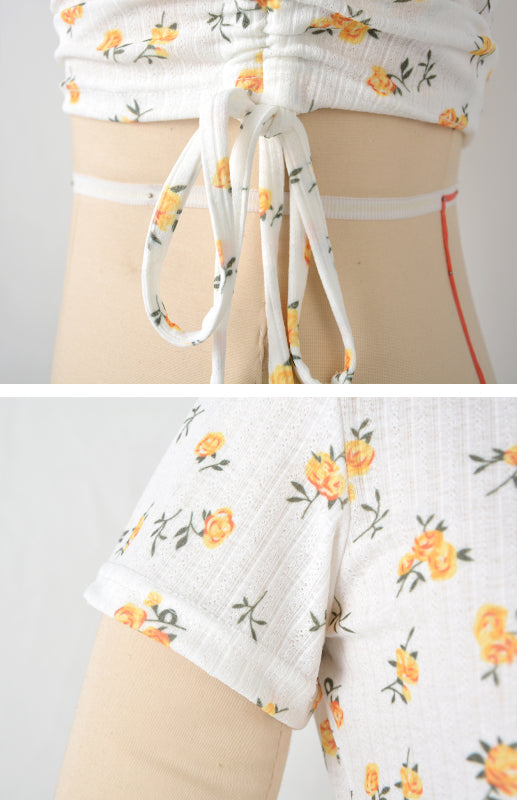 Blue Zone Planet |  Printed Drawstring Plunging Round Neck Short-Sleeved T-Shirt BLUE ZONE PLANET