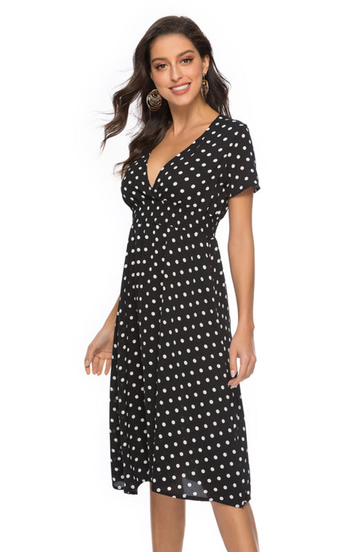 Blue Zone Planet |  Polka Dot Print V-Neck Short Sleeve Dress BLUE ZONE PLANET