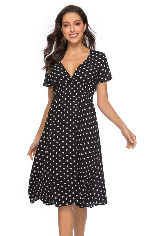 Blue Zone Planet |  Polka Dot Print V-Neck Short Sleeve Dress BLUE ZONE PLANET