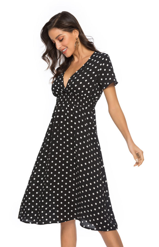 Blue Zone Planet | Polka Dot Print V-Neck Short Sleeve Dress BLUE ZONE PLANET