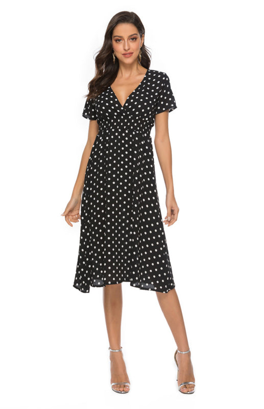 Blue Zone Planet | Polka Dot Print V-Neck Short Sleeve Dress BLUE ZONE PLANET