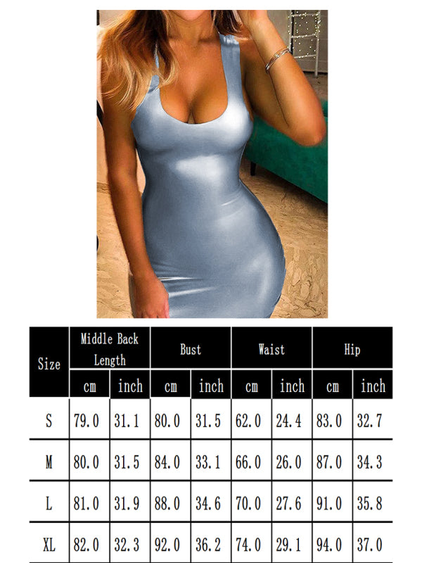 Tight-Fitting Sleeveless Sexy Pu Patent Leather Bodycon Mini Dress BLUE ZONE PLANET