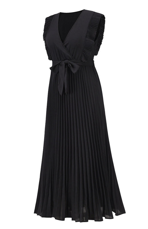 Beach Lotus Leaf Sleeve Chiffon Pleated Skirt Solid Color Dress kakaclo
