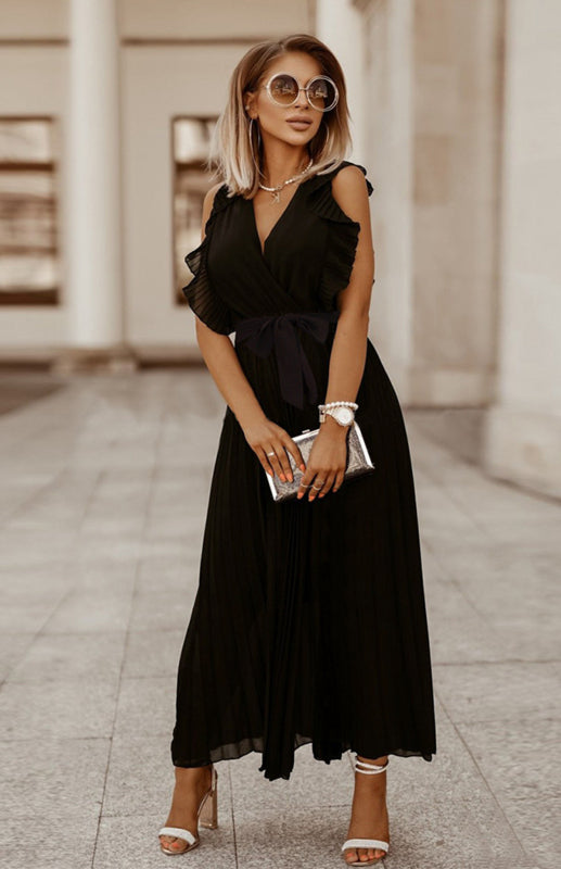 Beach Lotus Leaf Sleeve Chiffon Pleated Skirt Solid Color Dress kakaclo