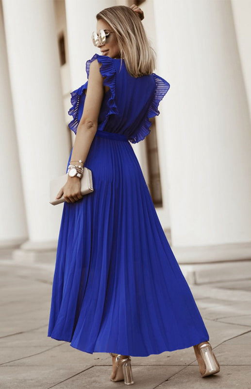 Beach Lotus Leaf Sleeve Chiffon Pleated Skirt Solid Color Dress kakaclo