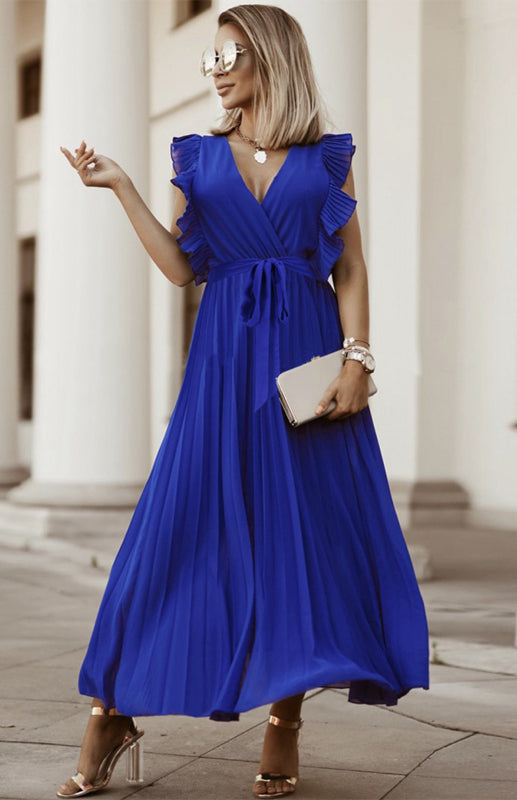 Beach Lotus Leaf Sleeve Chiffon Pleated Skirt Solid Color Dress kakaclo