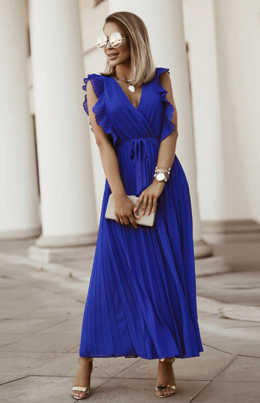 Beach Lotus Leaf Sleeve Chiffon Pleated Skirt Solid Color Dress kakaclo