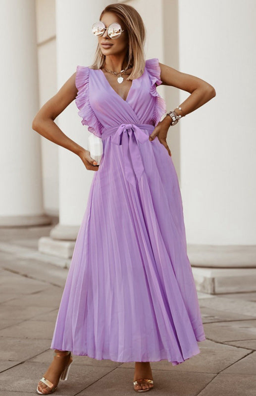 Beach Lotus Leaf Sleeve Chiffon Pleated Skirt Solid Color Dress kakaclo