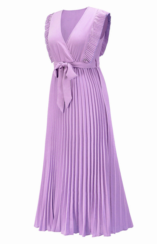 Beach Lotus Leaf Sleeve Chiffon Pleated Skirt Solid Color Dress kakaclo