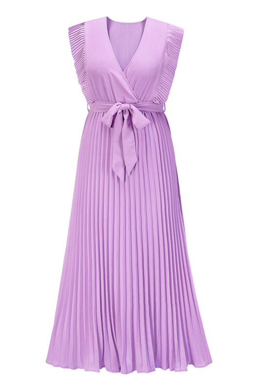 Beach Lotus Leaf Sleeve Chiffon Pleated Skirt Solid Color Dress kakaclo