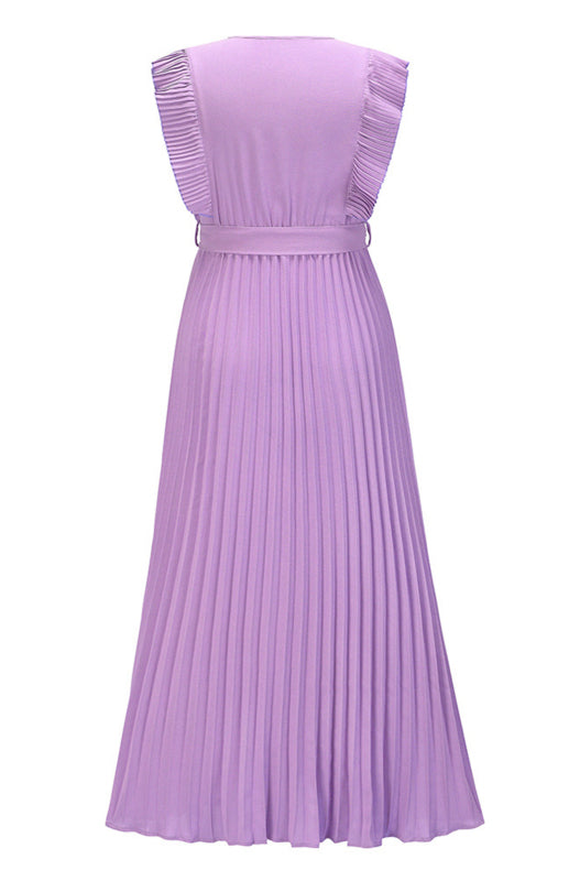 Beach Lotus Leaf Sleeve Chiffon Pleated Skirt Solid Color Dress kakaclo