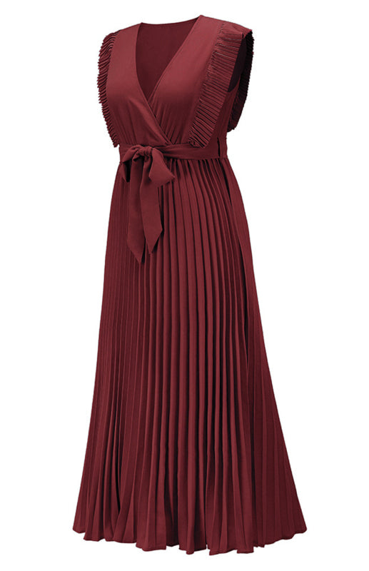 Beach Lotus Leaf Sleeve Chiffon Pleated Skirt Solid Color Dress kakaclo
