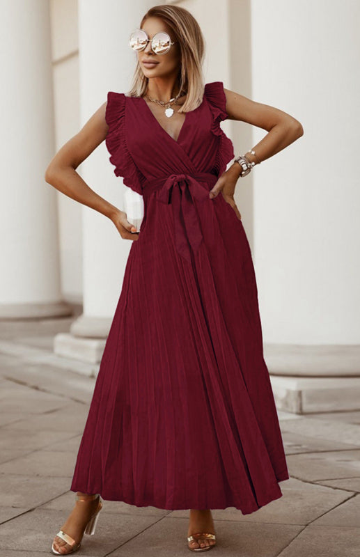 Beach Lotus Leaf Sleeve Chiffon Pleated Skirt Solid Color Dress kakaclo