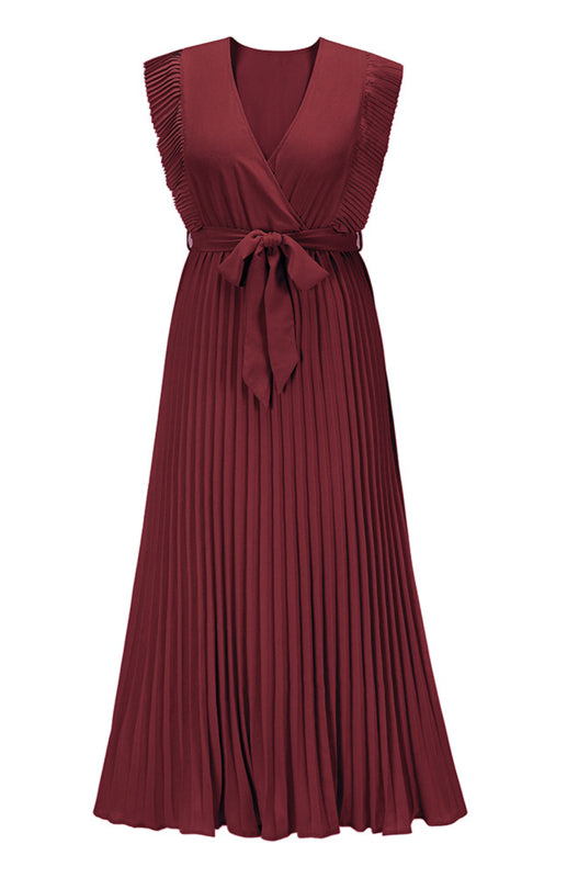 Beach Lotus Leaf Sleeve Chiffon Pleated Skirt Solid Color Dress kakaclo