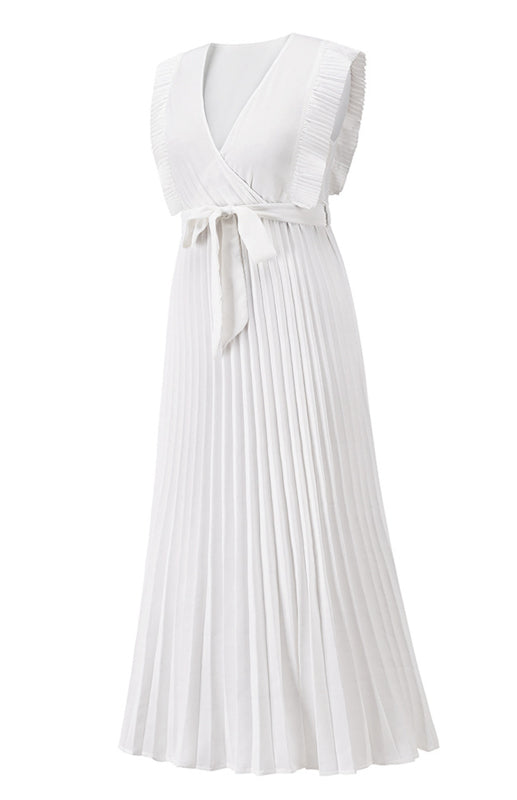 Beach Lotus Leaf Sleeve Chiffon Pleated Skirt Solid Color Dress kakaclo