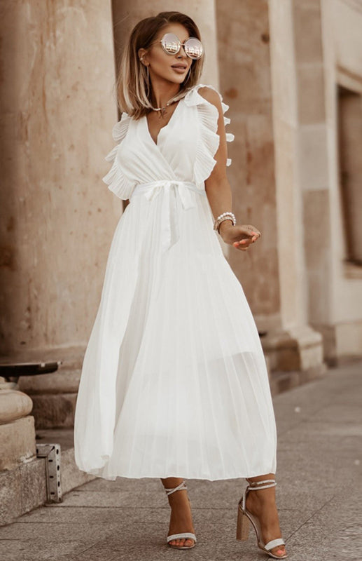 Beach Lotus Leaf Sleeve Chiffon Pleated Skirt Solid Color Dress kakaclo