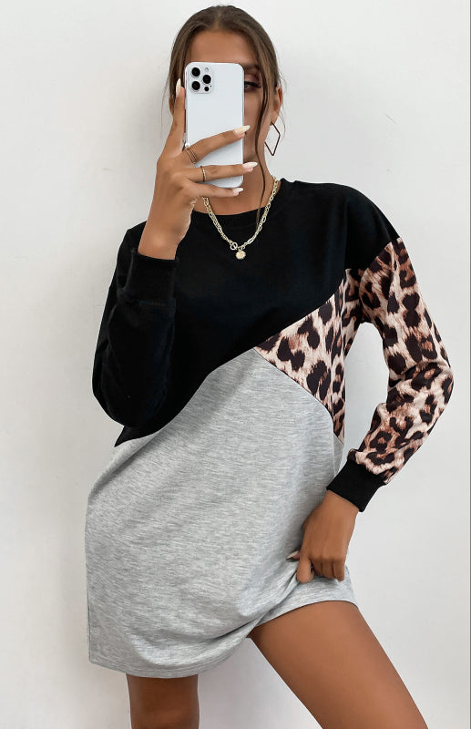 Ladies Patchwork Crew Neck Long T-Shirt Leopard Print Sweater Dress kakaclo