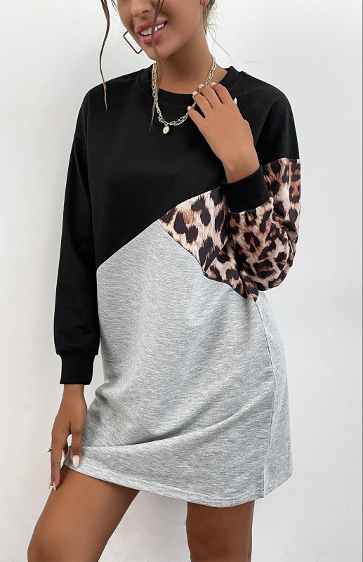 Ladies Patchwork Crew Neck Long T-Shirt Leopard Print Sweater Dress kakaclo