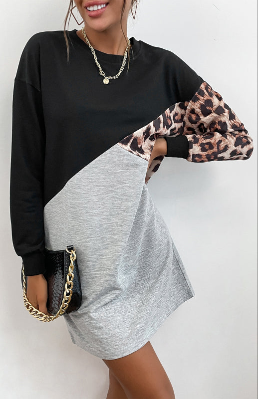 Ladies Patchwork Crew Neck Long T-Shirt Leopard Print Sweater Dress kakaclo