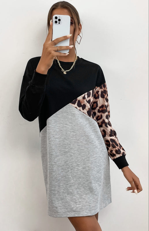 Ladies Patchwork Crew Neck Long T-Shirt Leopard Print Sweater Dress kakaclo
