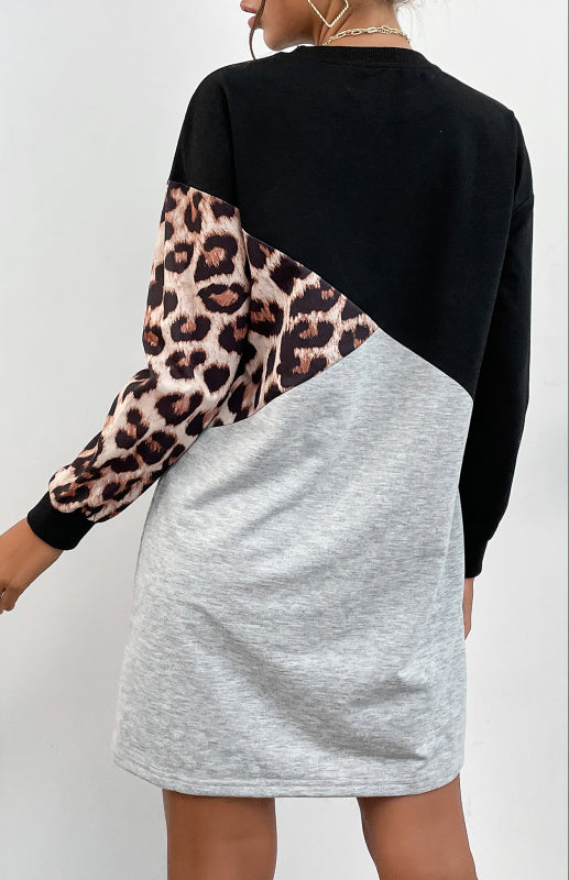 Ladies Patchwork Crew Neck Long T-Shirt Leopard Print Sweater Dress kakaclo
