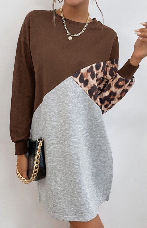 Ladies Patchwork Crew Neck Long T-Shirt Leopard Print Sweater Dress kakaclo