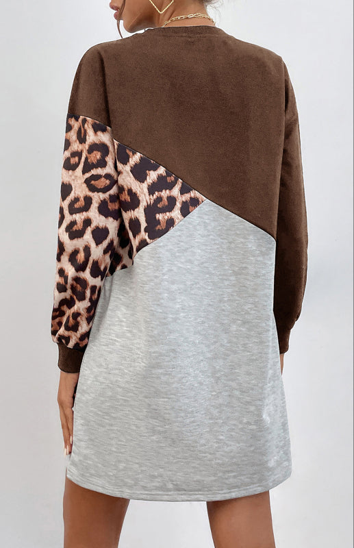 Ladies Patchwork Crew Neck Long T-Shirt Leopard Print Sweater Dress kakaclo