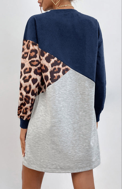 Ladies Patchwork Crew Neck Long T-Shirt Leopard Print Sweater Dress kakaclo