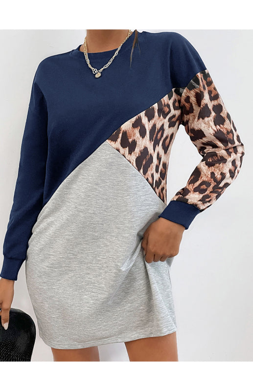 Ladies Patchwork Crew Neck Long T-Shirt Leopard Print Sweater Dress kakaclo