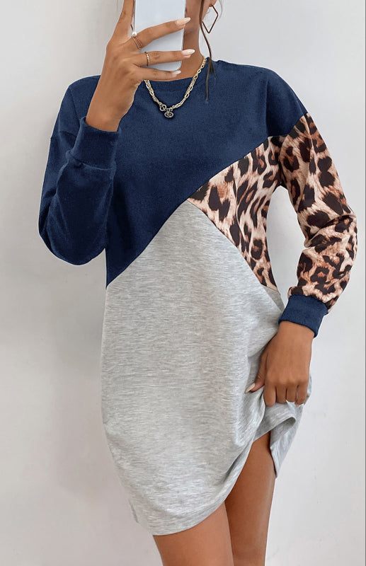Ladies Patchwork Crew Neck Long T-Shirt Leopard Print Sweater Dress kakaclo