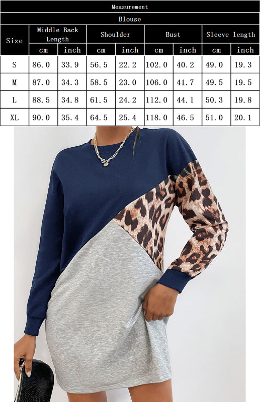 Ladies Patchwork Crew Neck Long T-Shirt Leopard Print Sweater Dress kakaclo