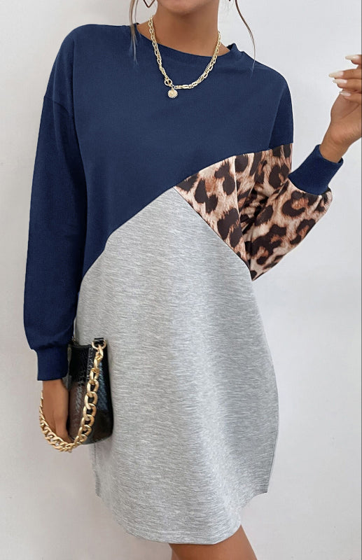 Ladies Patchwork Crew Neck Long T-Shirt Leopard Print Sweater Dress kakaclo