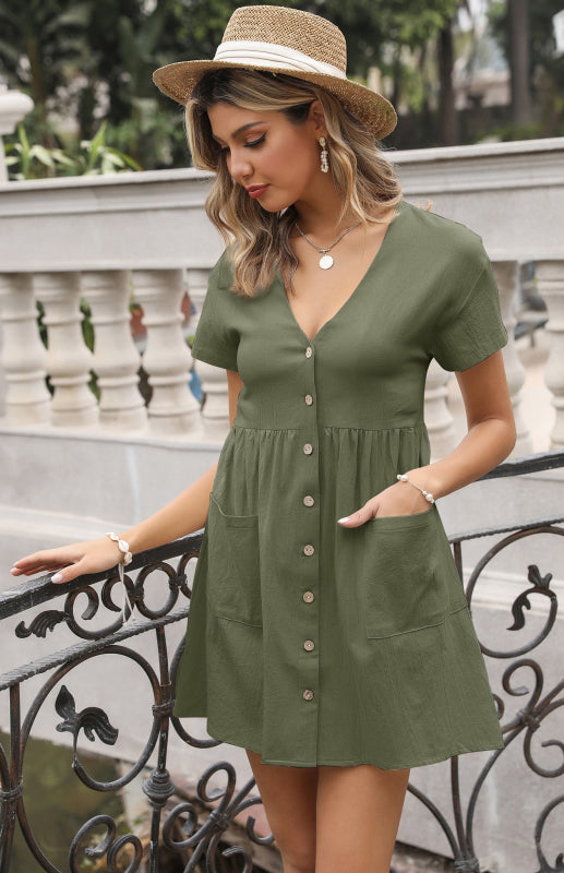 Blue Zone Planet | Ladies Solid Color V-Neck Short Sleeve Shirt Dress BLUE ZONE PLANET