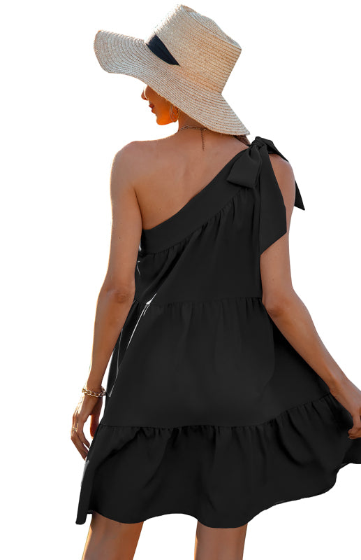 Blue Zone Planet | Women's Diagonal Neck Solid Color Ruffle Dress kakaclo