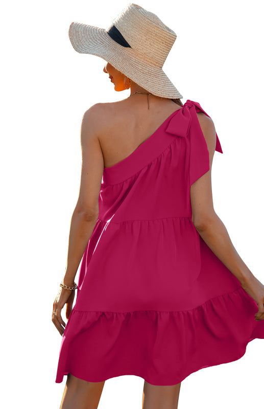 Blue Zone Planet | Women's Diagonal Neck Solid Color Ruffle Dress kakaclo