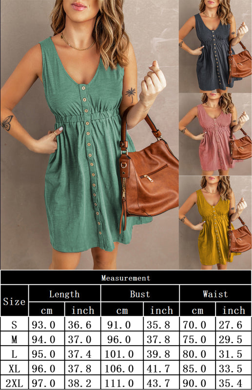 V-Neck Button Front Sleeveless Elasticated Waist A-line Dress With Pocket kakaclo