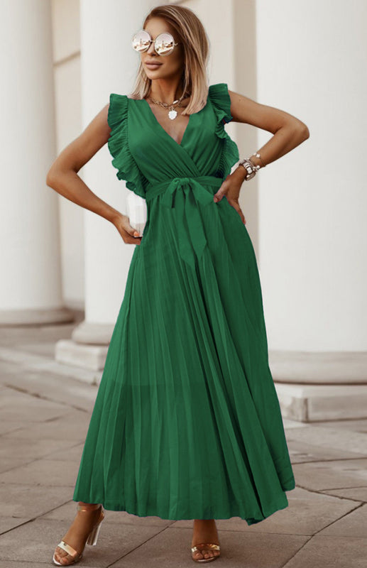 Slim Fit Lotus Leaf Sleeve Chiffon Pleated Skirt Solid Color Dress kakaclo