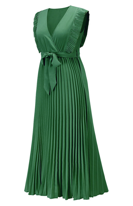 Slim Fit Lotus Leaf Sleeve Chiffon Pleated Skirt Solid Color Dress kakaclo