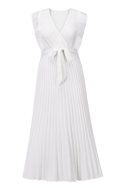 Slim Fit Lotus Leaf Sleeve Chiffon Pleated Skirt Solid Color Dress kakaclo