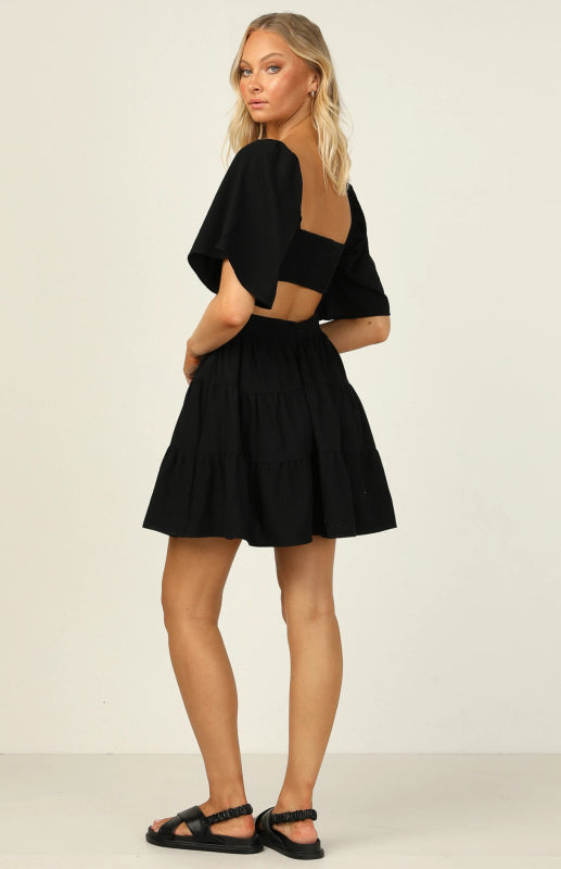 Solid Color Elastic Waist Fresh and Sweet Short Dress BLUE ZONE PLANET