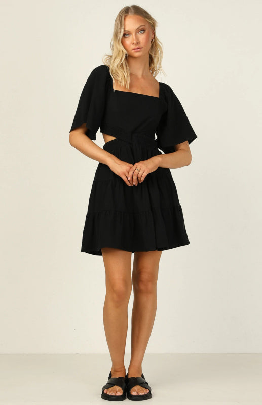 Solid Color Elastic Waist Fresh and Sweet Short Dress BLUE ZONE PLANET