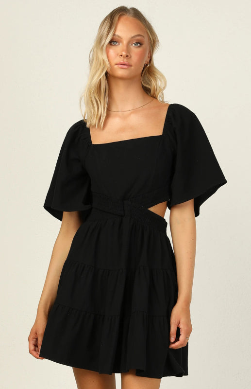 Solid Color Elastic Waist Fresh and Sweet Short Dress BLUE ZONE PLANET