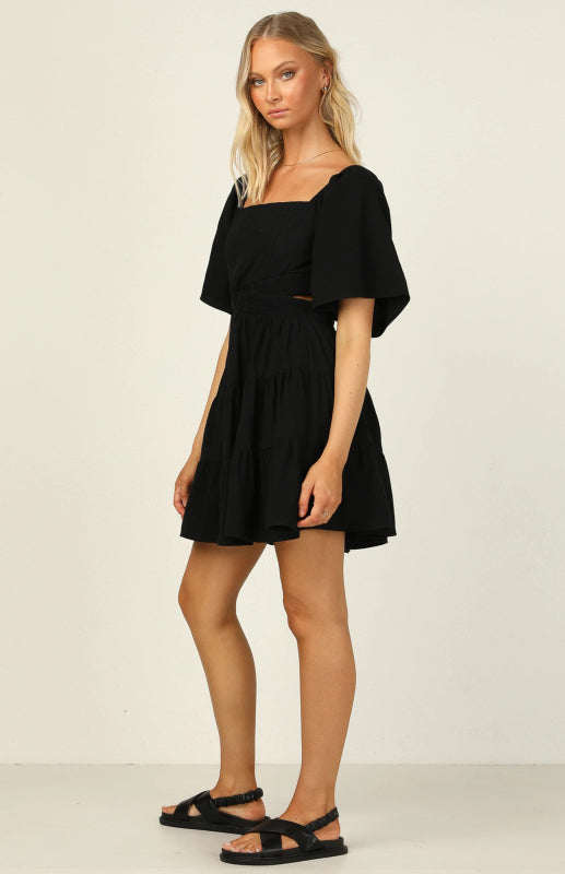 Solid Color Elastic Waist Fresh and Sweet Short Dress BLUE ZONE PLANET
