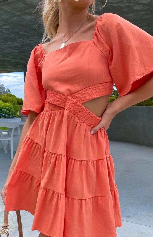Solid Color Elastic Waist Fresh and Sweet Short Dress BLUE ZONE PLANET