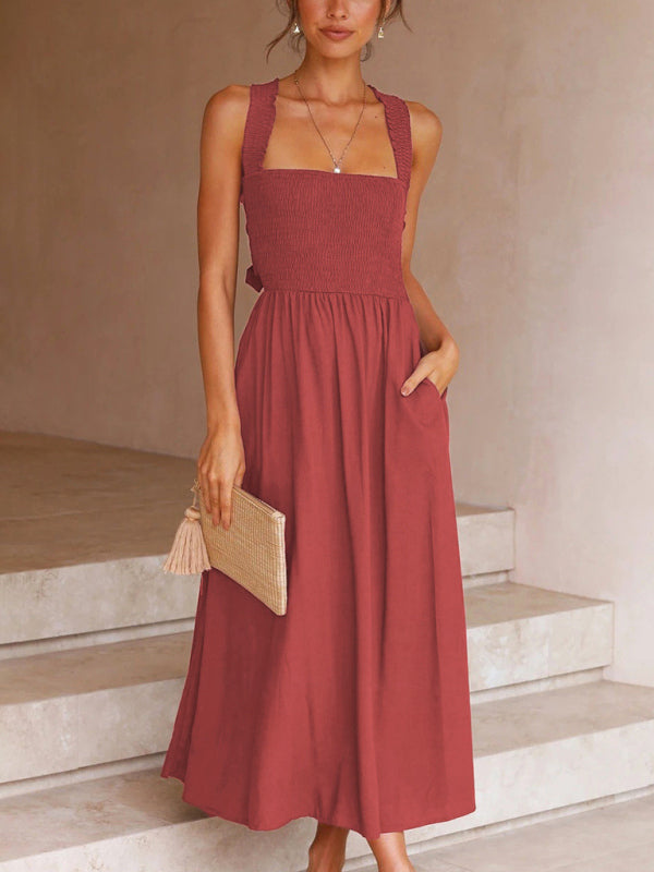 Blue Zone Planet |  Ava's Backless Cross Tie Ribbon Solid Color Maxi Sling Dress kakaclo
