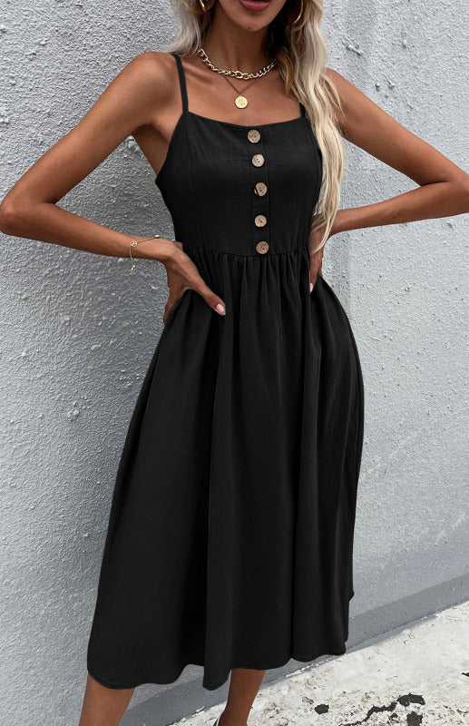 Blue Zone Planet | Emily's Slim Fit Solid Color Cotton Linen Button-Up Midi Dress kakaclo