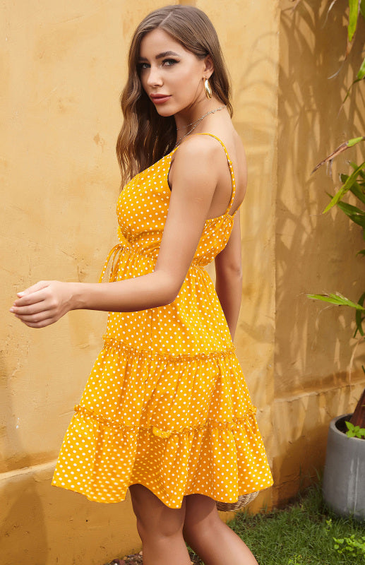 clothing Western style polka dot fungus edge spaghetti straps dress kakaclo