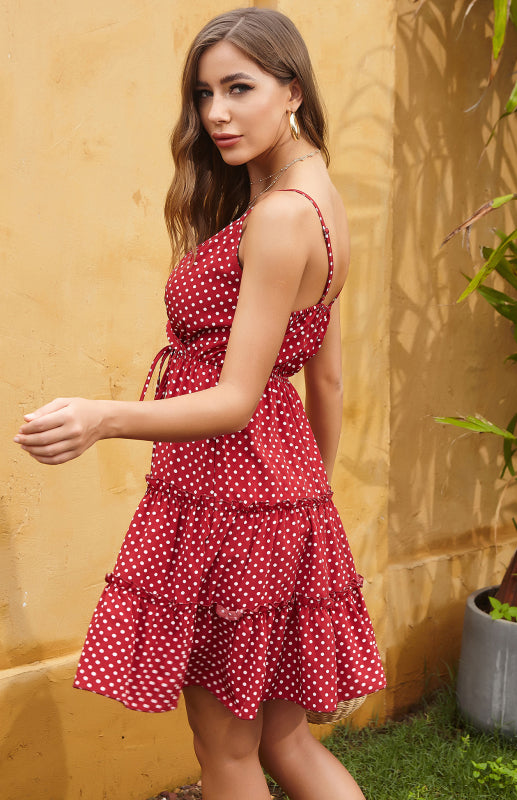 clothing Western style polka dot fungus edge spaghetti straps dress kakaclo