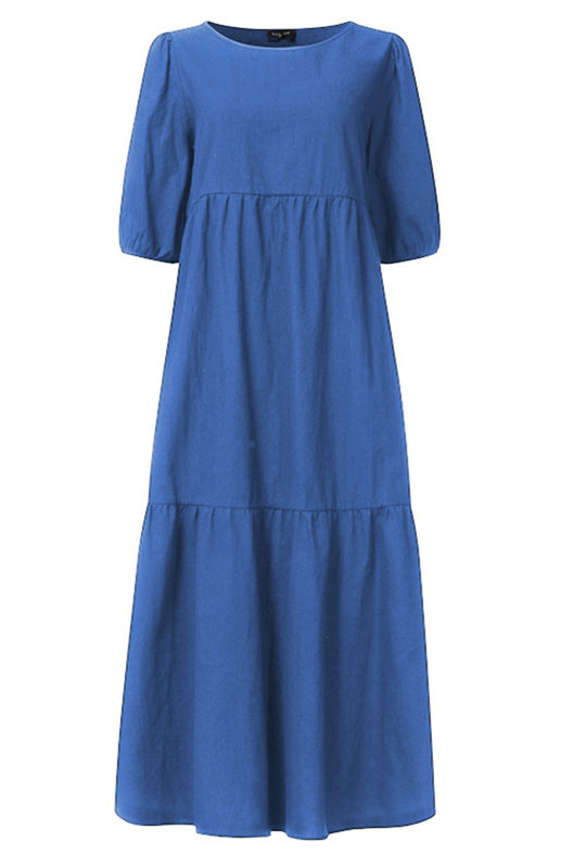Blue Zone Planet | Linen Blend Round Neck Puff Sleeve Babydoll Midi Dress BLUE ZONE PLANET