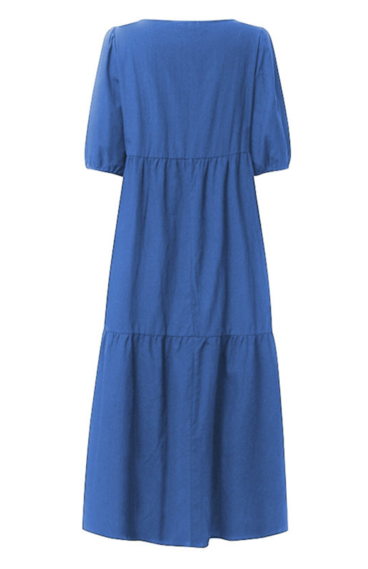 Blue Zone Planet | Linen Blend Round Neck Puff Sleeve Babydoll Midi Dress BLUE ZONE PLANET